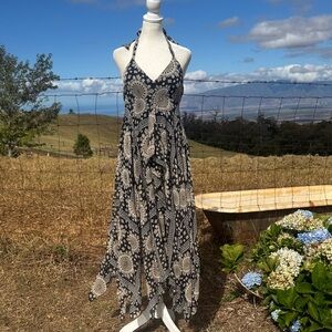 INC Silk Boho Whimsygoth Y2K Black Halter asymmetrical hem Wedding guest Dress 8
